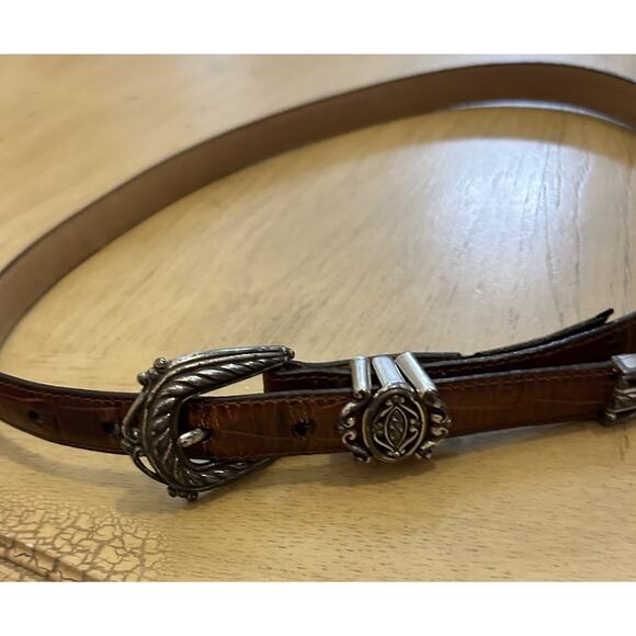 VTG 90s BRIGHTON Belt 30 Western Silver Buckle Embossed Leather Cowgirl Rodeo - Picture 1 of 10